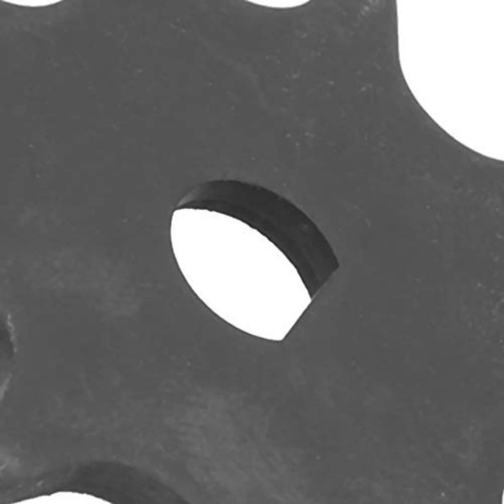 Close-up of black chain sprocket with central rounded mounting hole