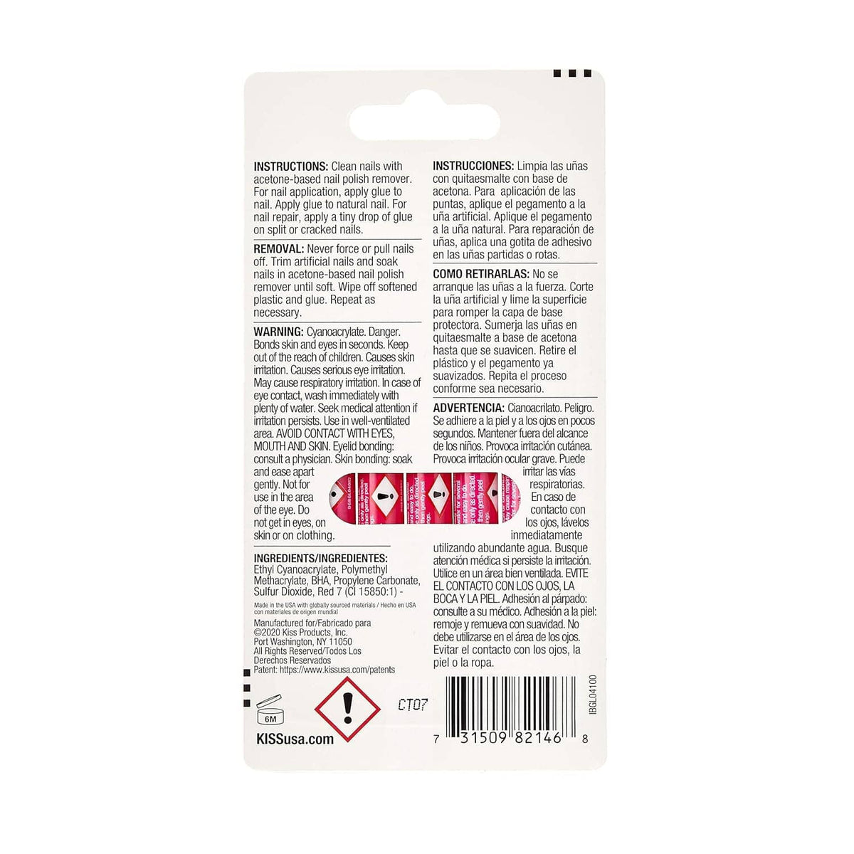 Pink gel nail glue package back with ingredient and warning text