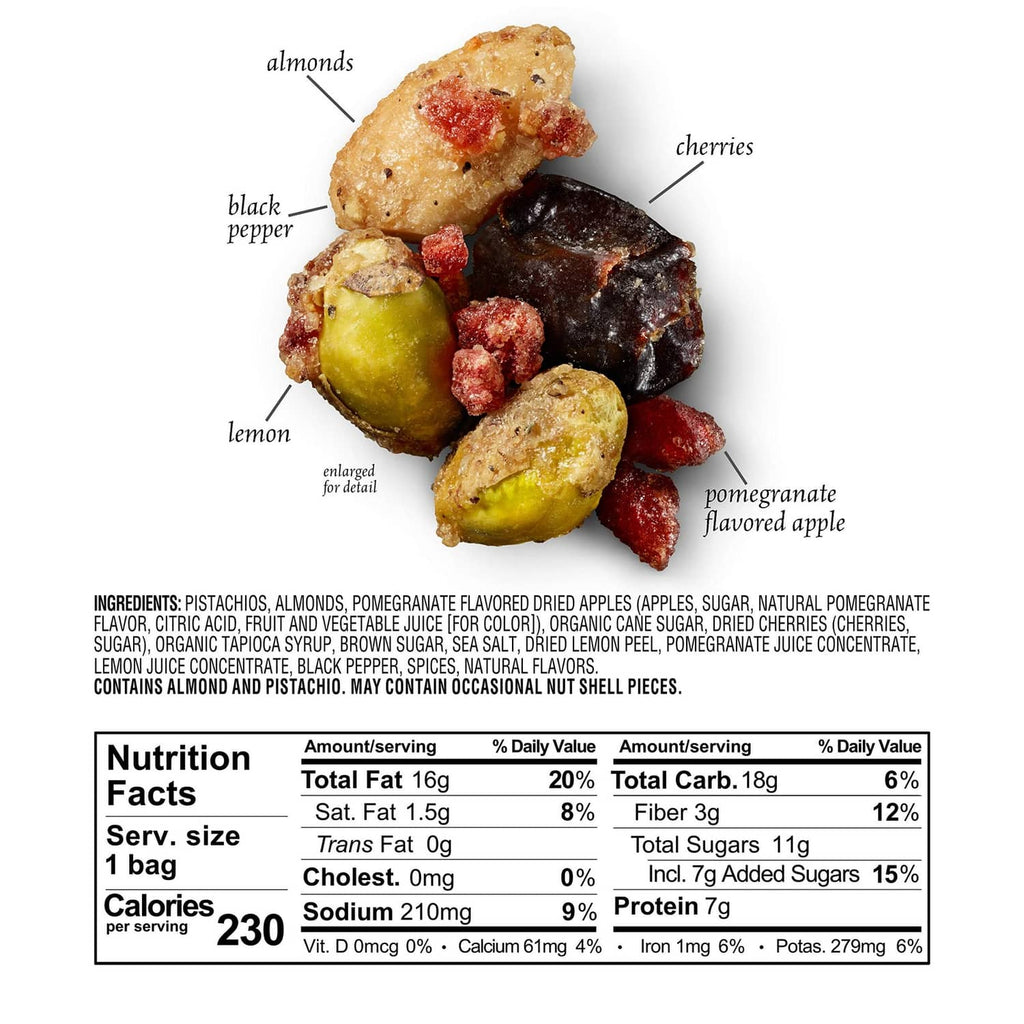 Sahale Snacks pomegranate flavored glazed pistachios mix nutrition facts panel