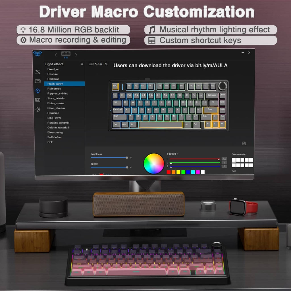 Mechanical keyboard on desk with colorful RGB keycaps and visible round knob