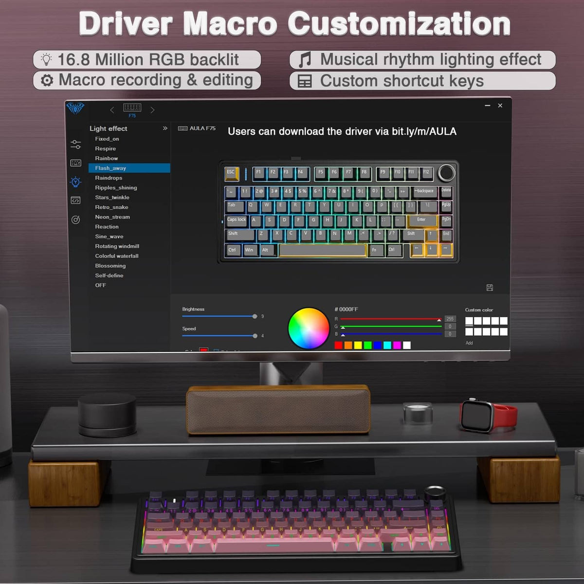 Mechanical keyboard on desk with colorful RGB keycaps and visible round knob