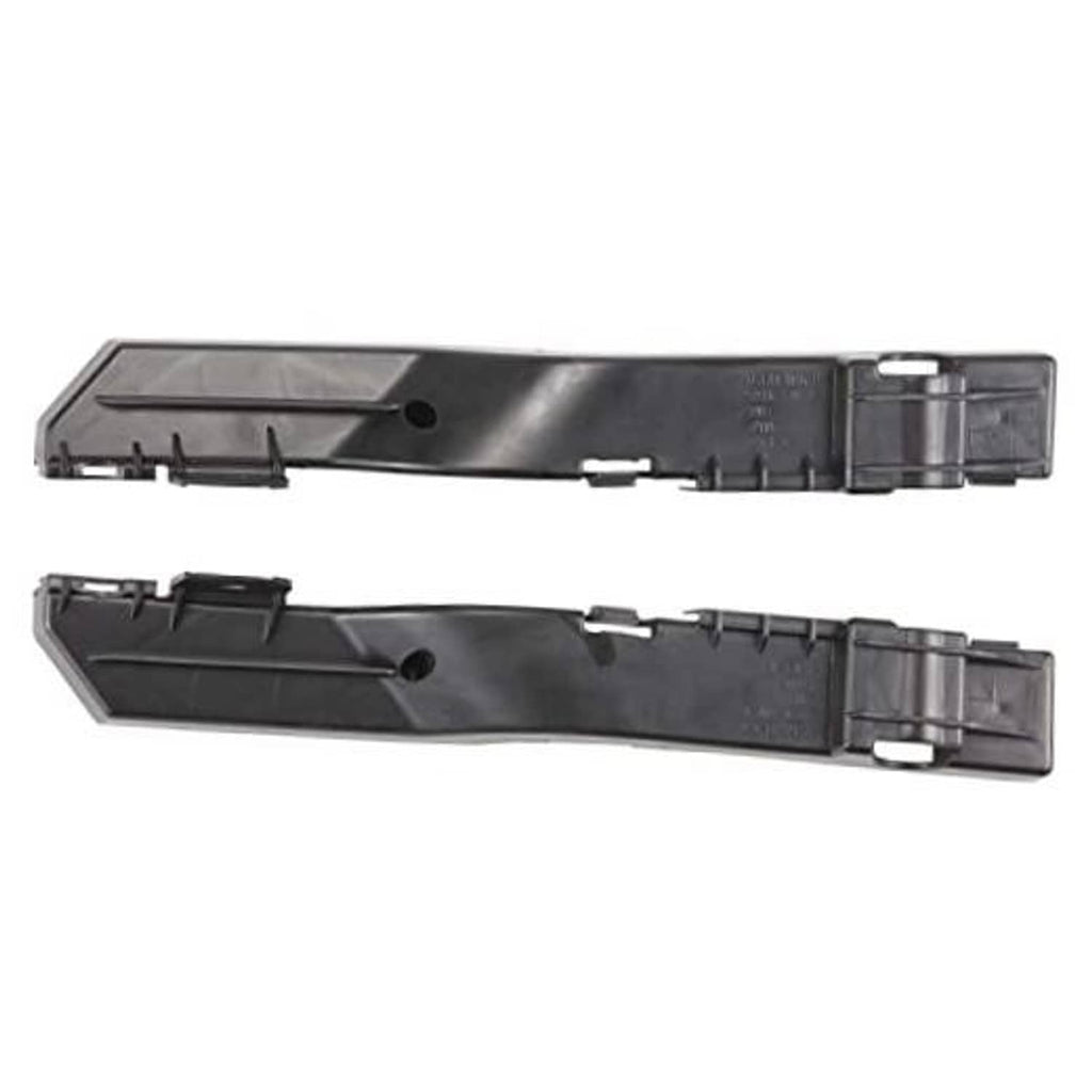 Pair of dark plastic front bumper brackets with mounting tabs and clips