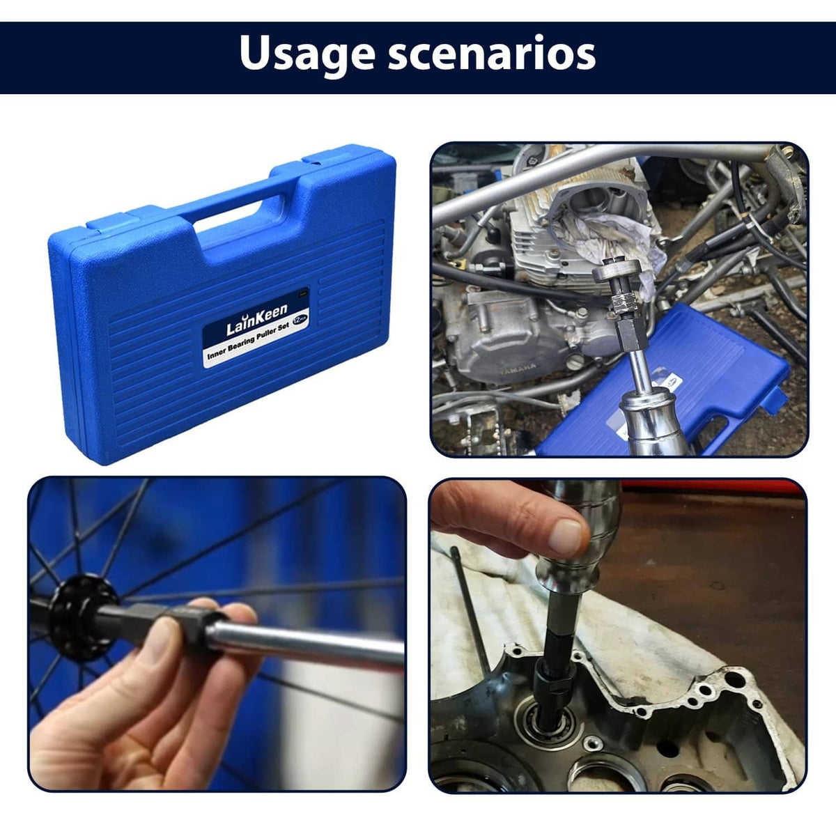 12-piece bearing puller set shown with vehicle engine bay use scenario and parts
