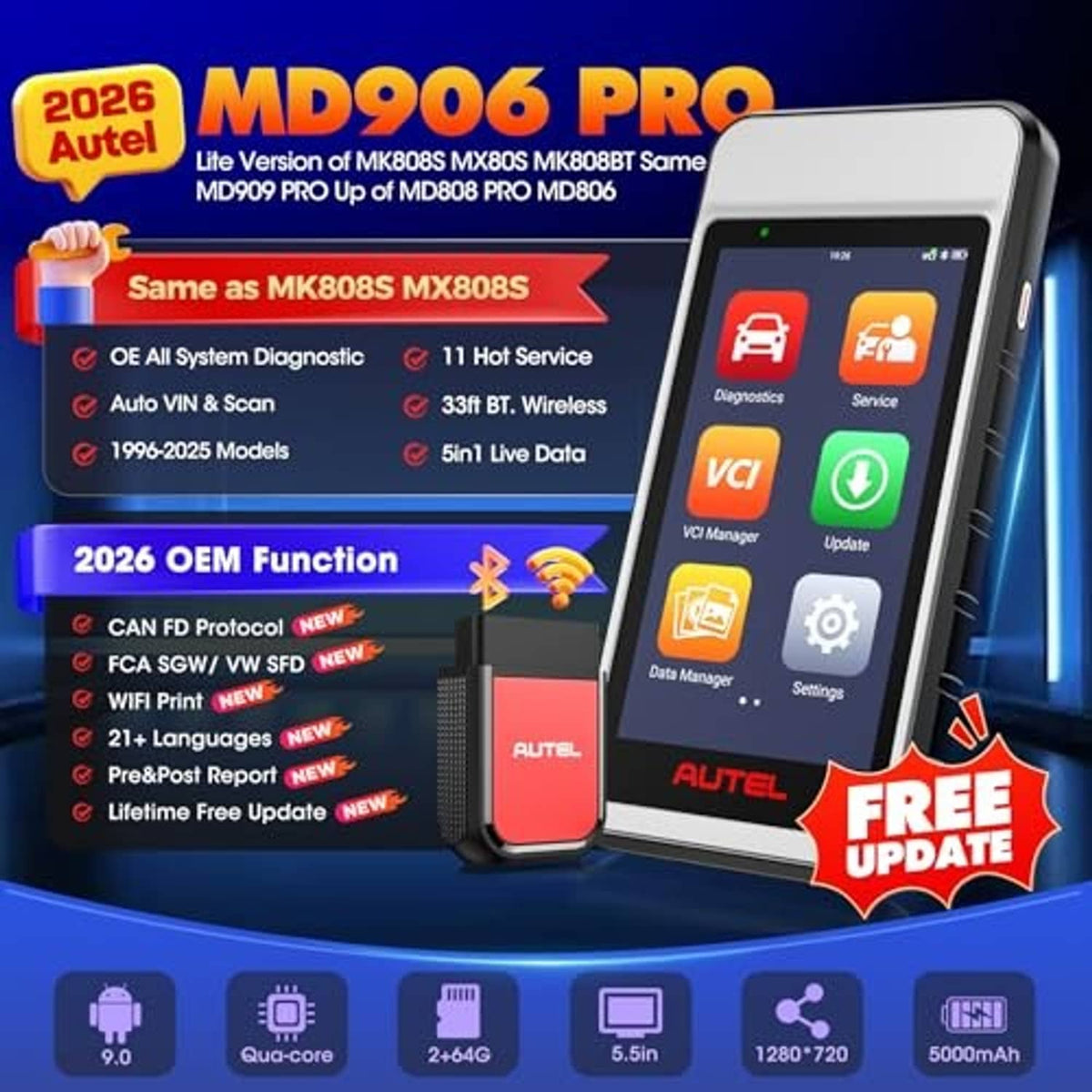 OBD2 diagnostic scan tool and handheld VCI unit with red connector, blue feature panel