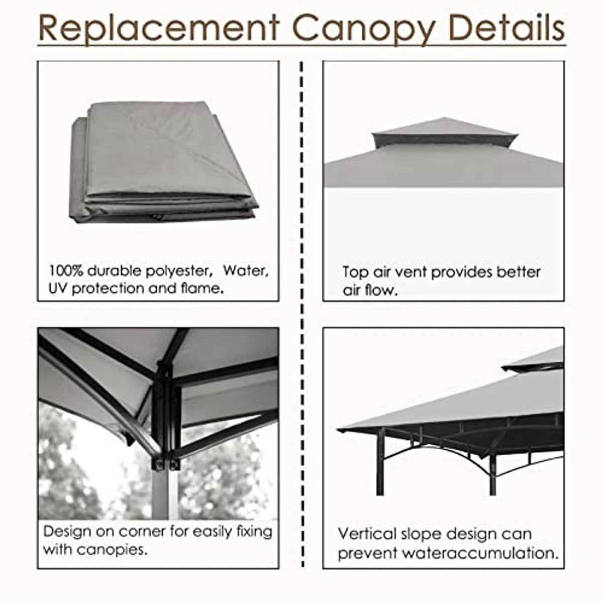 Gray replacement canopy roof fabric with vented top design for grill gazebo