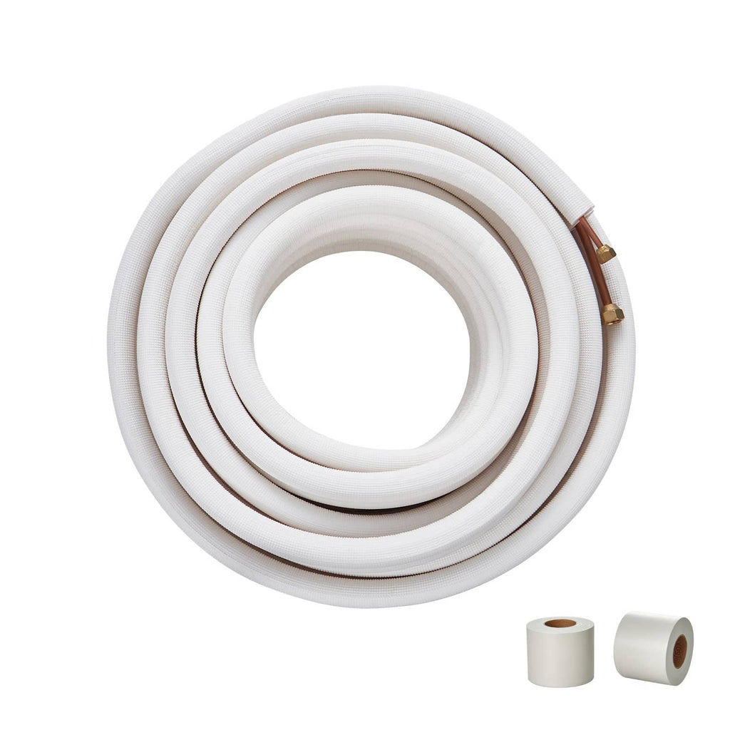 Insulated mini-split line set tubing coil with white insulation and copper flare fittings