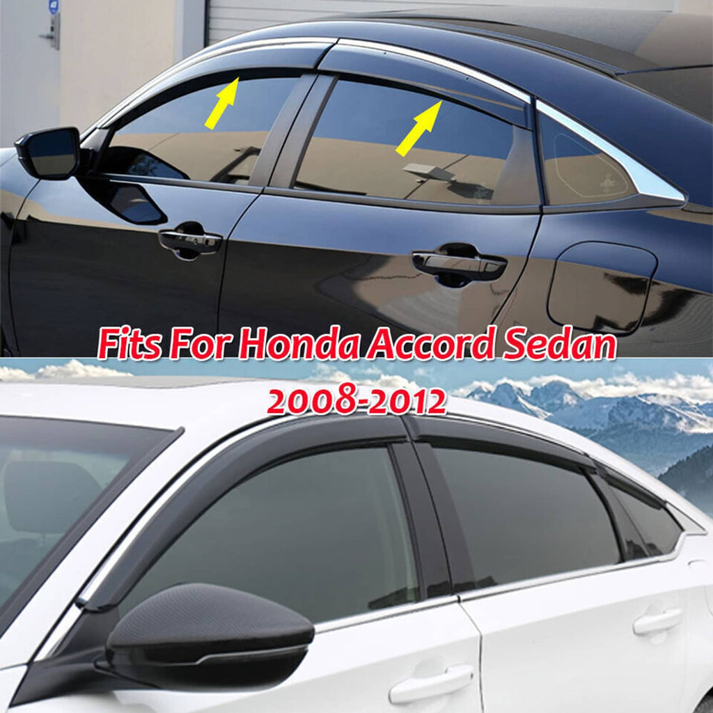 Taped-on window rain guards on a car door, tinted dark finish