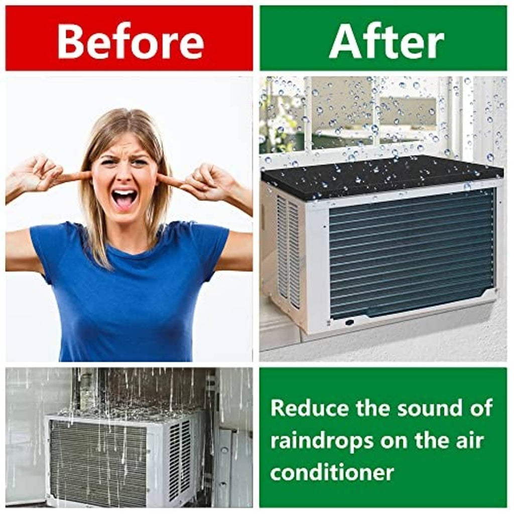 Black AC drip cushion shown installed on a window air conditioner unit.