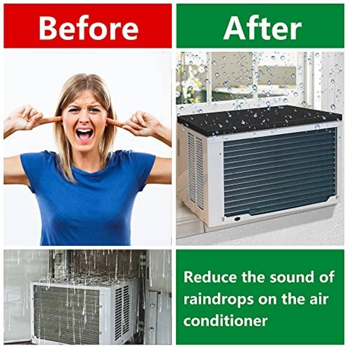 Black AC drip cushion shown installed on a window air conditioner unit.