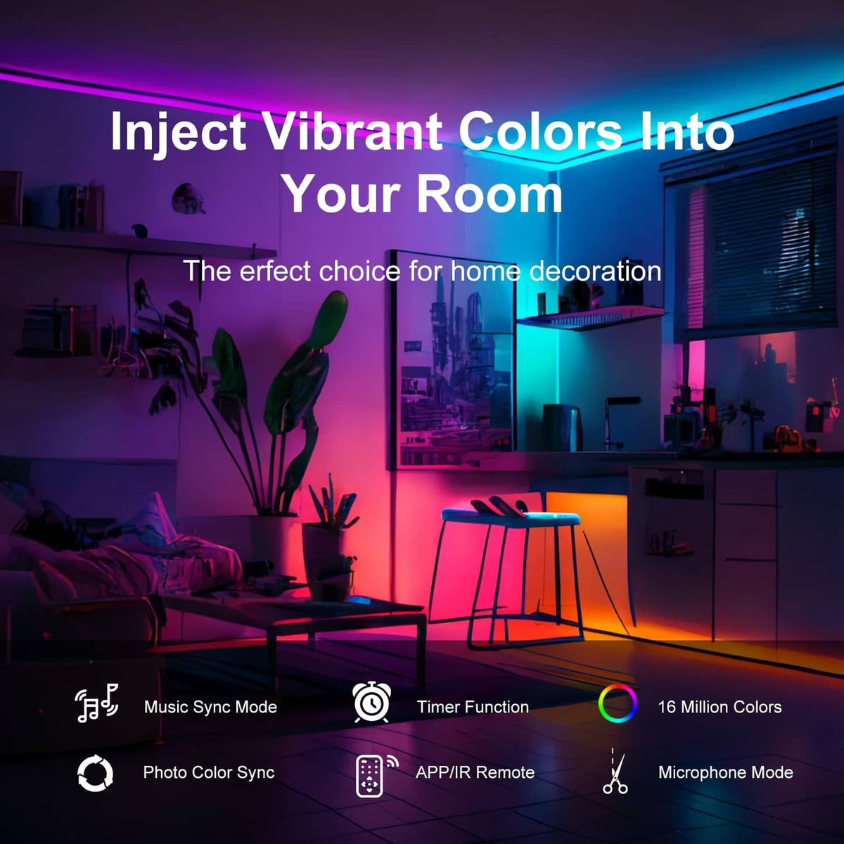 Multicolor LED strip lights illuminating a room, with music-synced RGB light effects