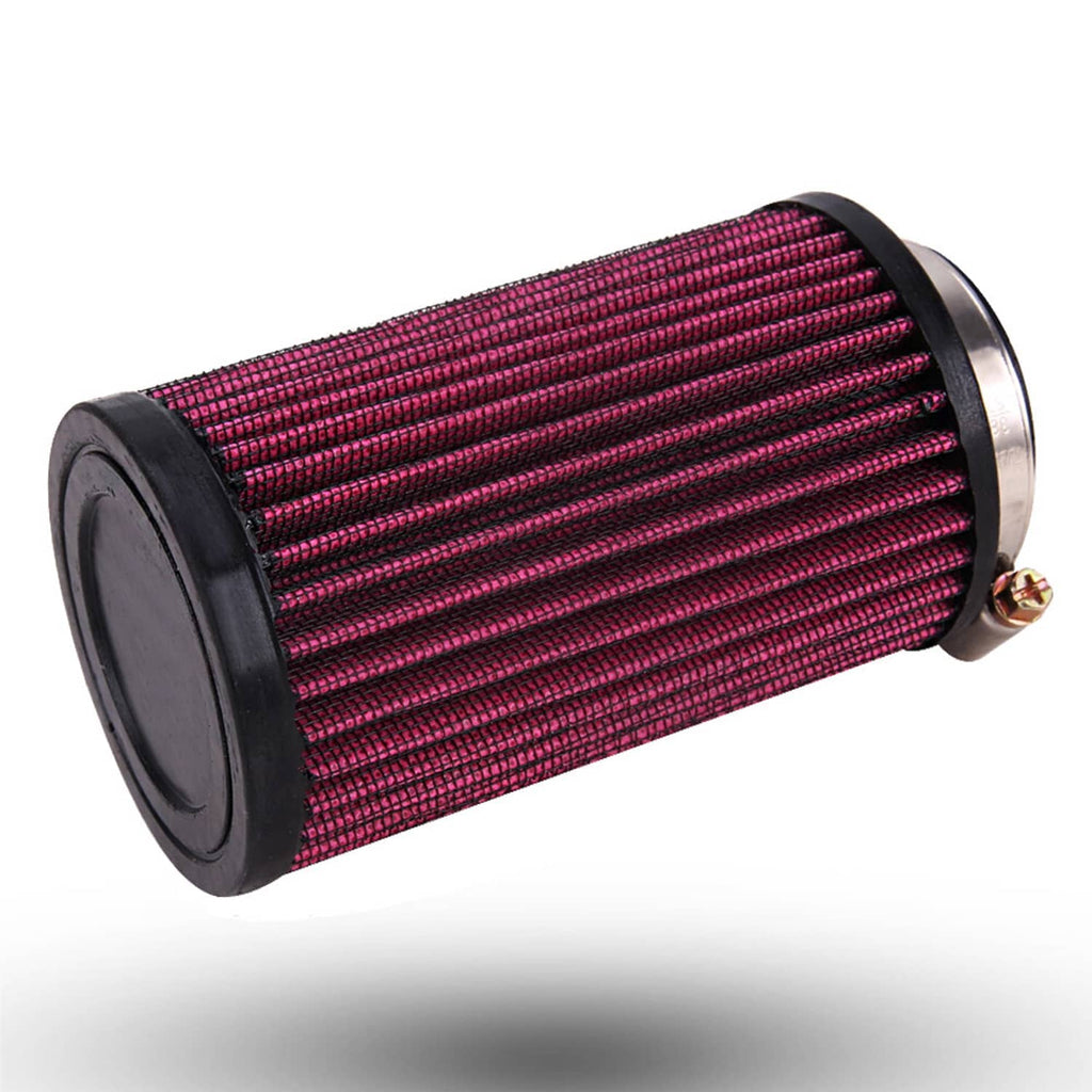 Red pleated air filter cylinder with black housing and metal mounting fitting
