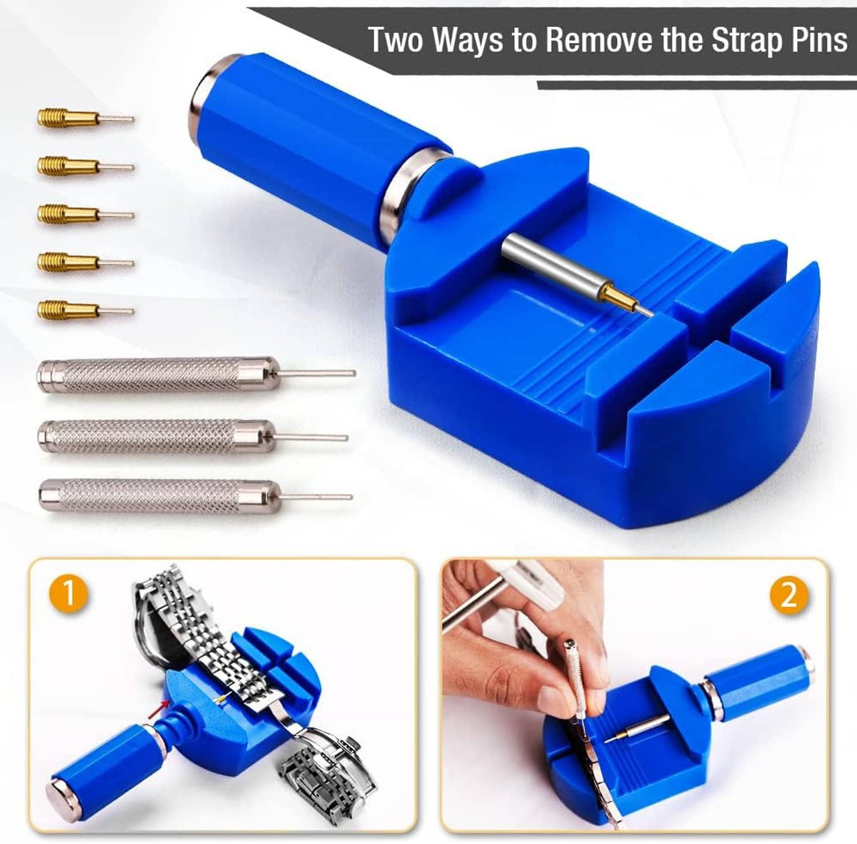 Blue watch strap pin removal tool with strap pin punches and spare pins