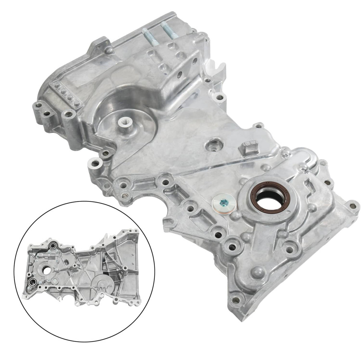 Timing cover oil pump housing with circular oil seal opening and mounting bolt holes