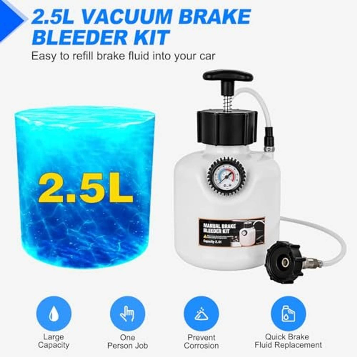 2.5L vacuum brake bleeder kit with white bottle, black pump, and tubing