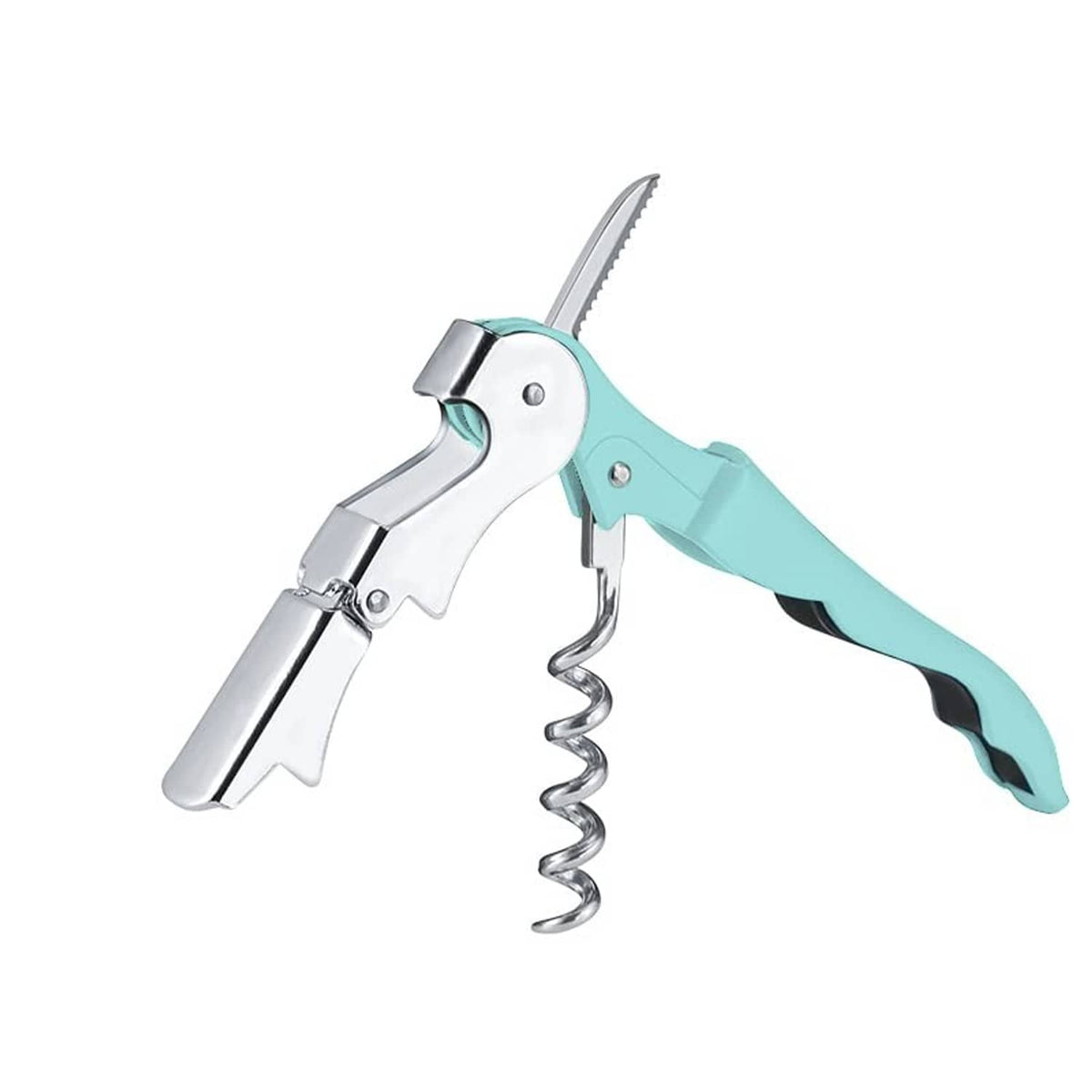 Cyan waiter corkscrew with stainless steel spiral and lever, ergonomic handle