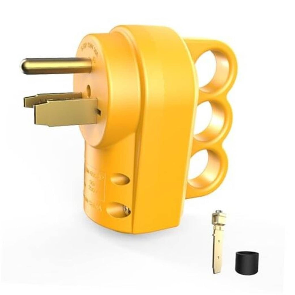 Yellow NEMA 6-50P welder replacement plug with side blades and grounding hole