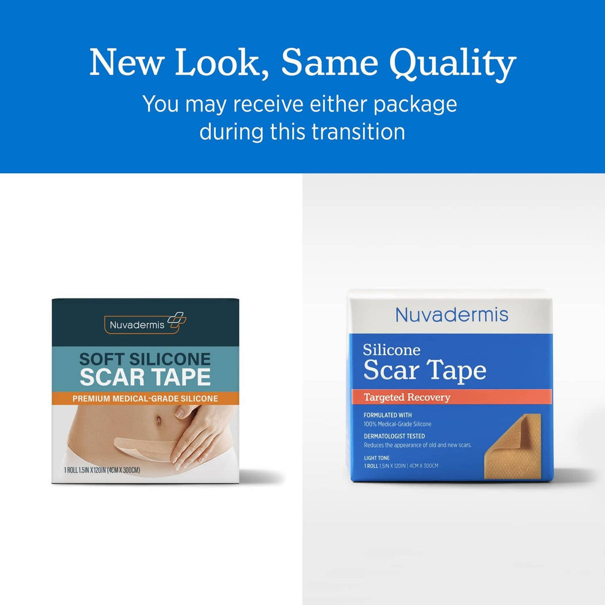 Silicone scar tape boxes in two packaging designs for the same product