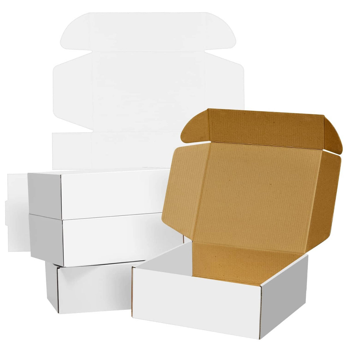 White corrugated shipping boxes and open top box set, with brown cardboard insert