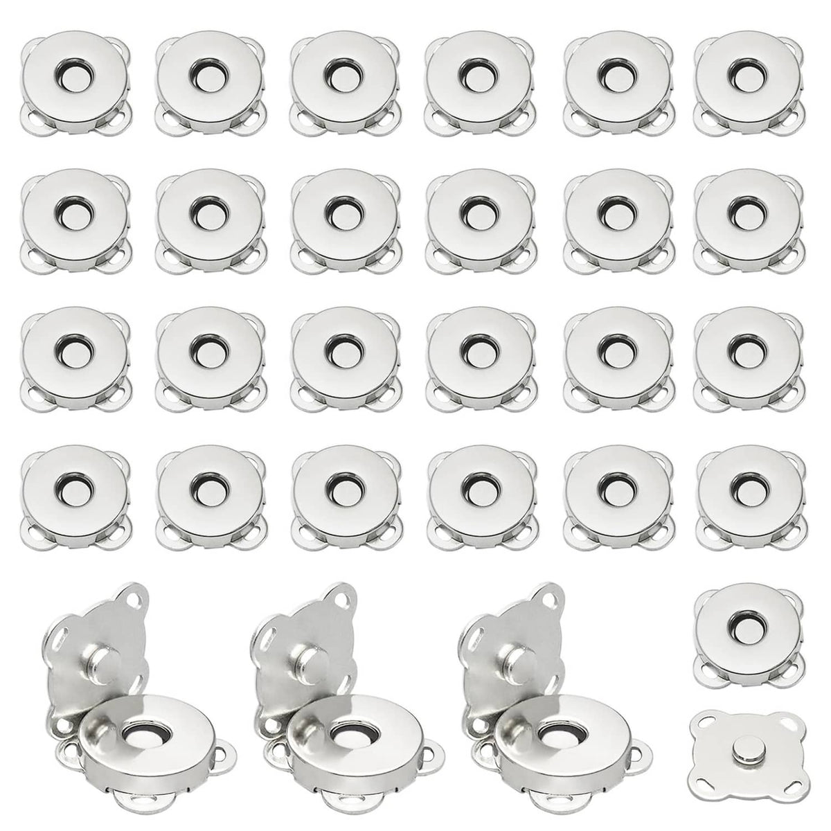 Silver magnetic snap button set, round metal discs with tabs (30-pack)