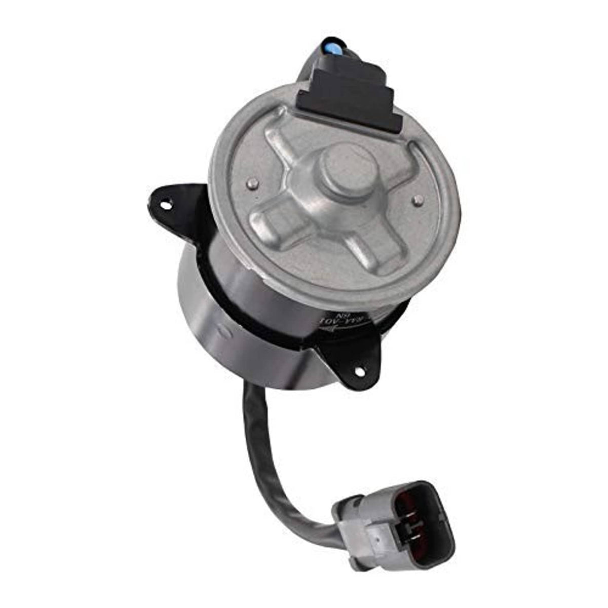 Cooling fan motor with silver cover, black frame, and two-wire electrical connector