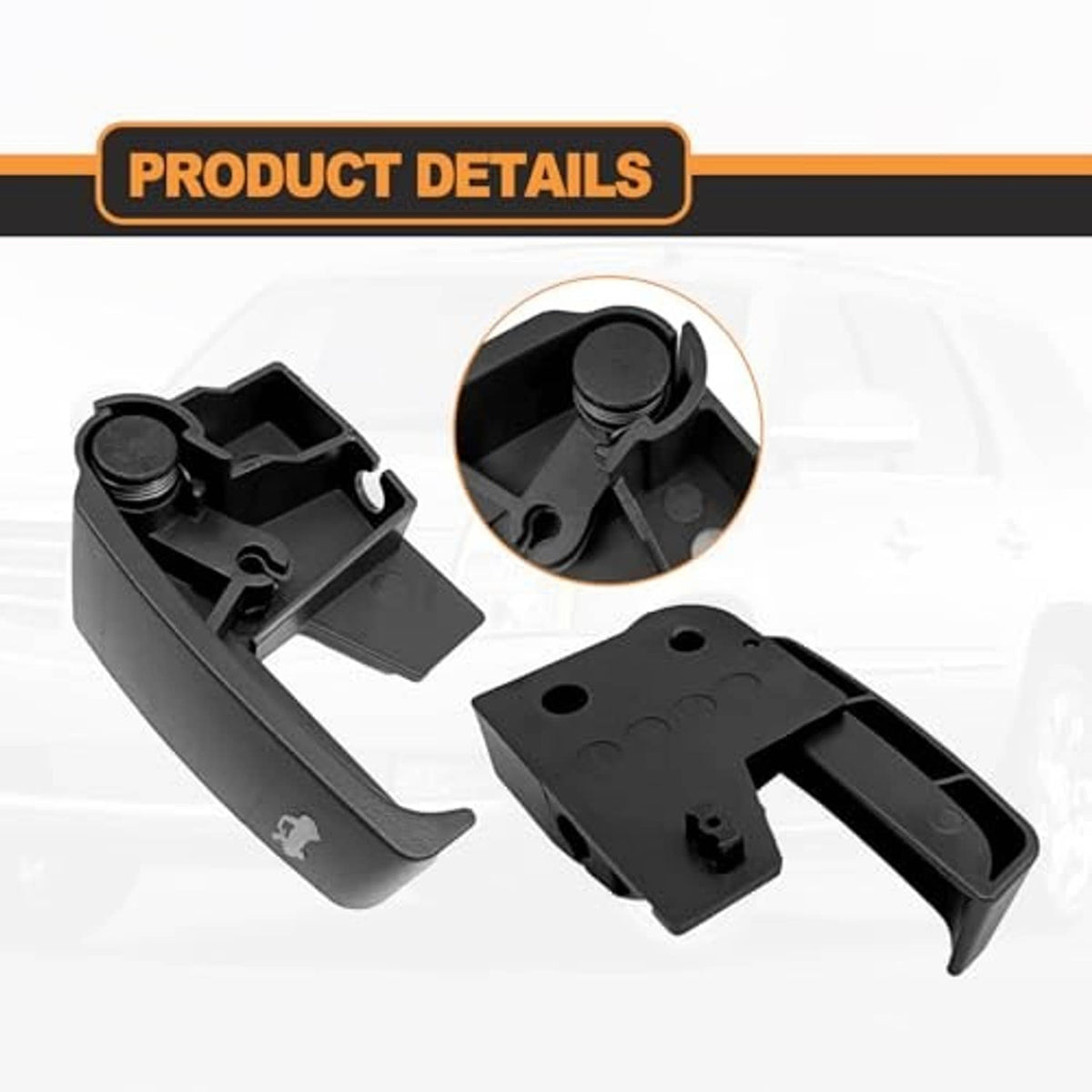 Black hood latch release pull handle components with circular post and mounting holes