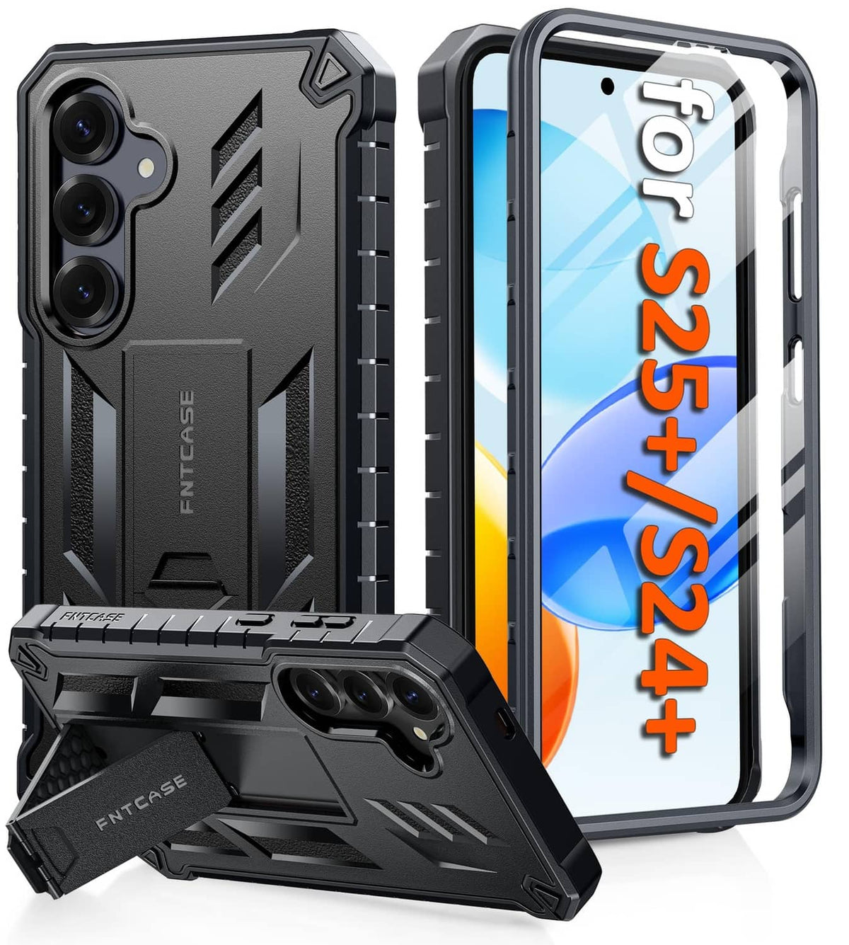 Rugged black Galaxy S25+ phone case with kickstand and camera cutouts