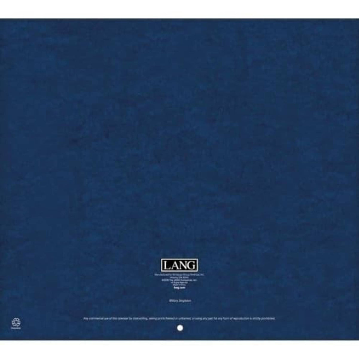LANG Folk Art 2027 wall calendar back panel in dark blue with small logo text