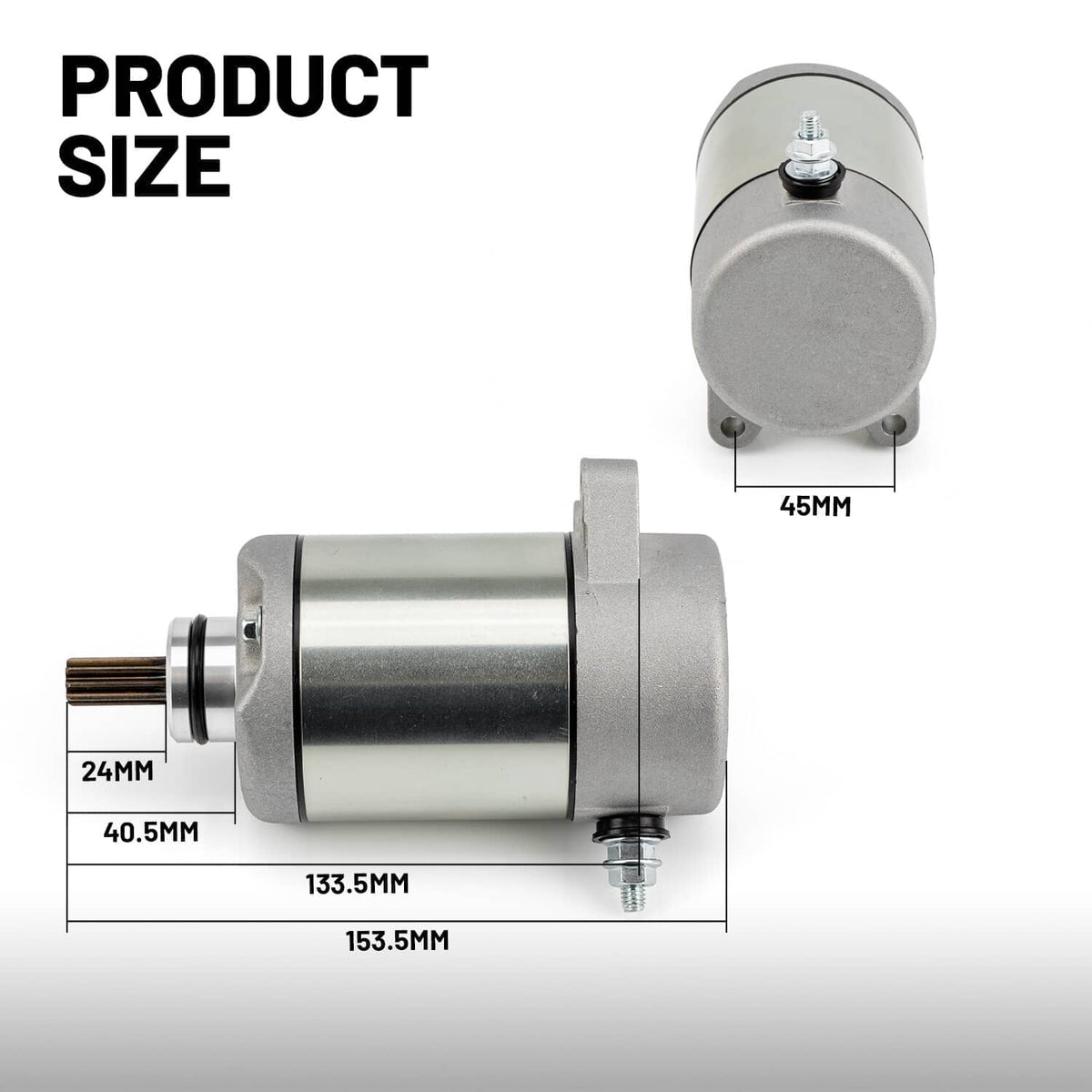 Starter motor with labeled size diagram and mounting hardware