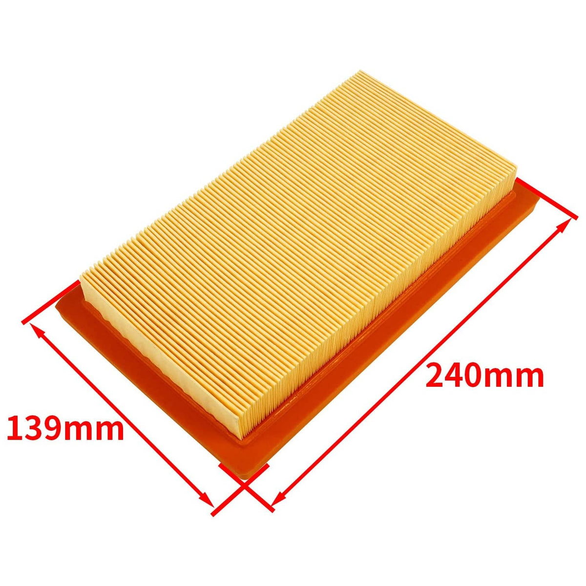 Pleated air filter element with yellow media and orange frame; 139mm x 240mm shown