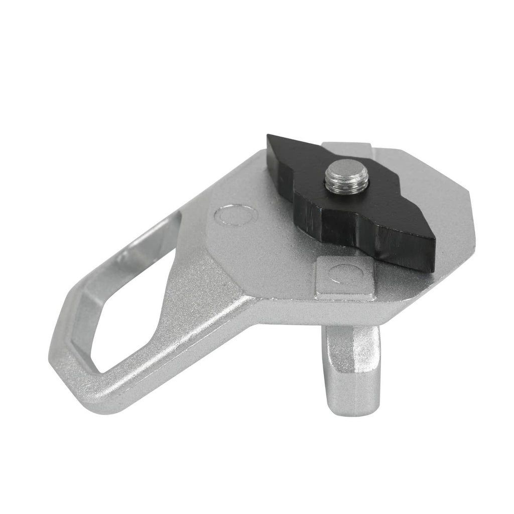Silver metal anchor base with black locking block and threaded mounting bolt
