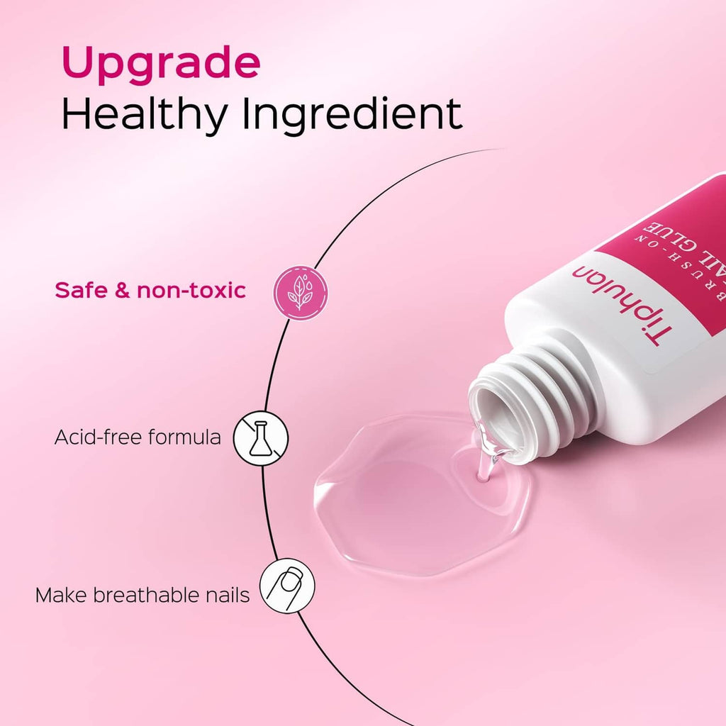 Tiphulan brush-on nail glue with clear glue line from angled nozzle