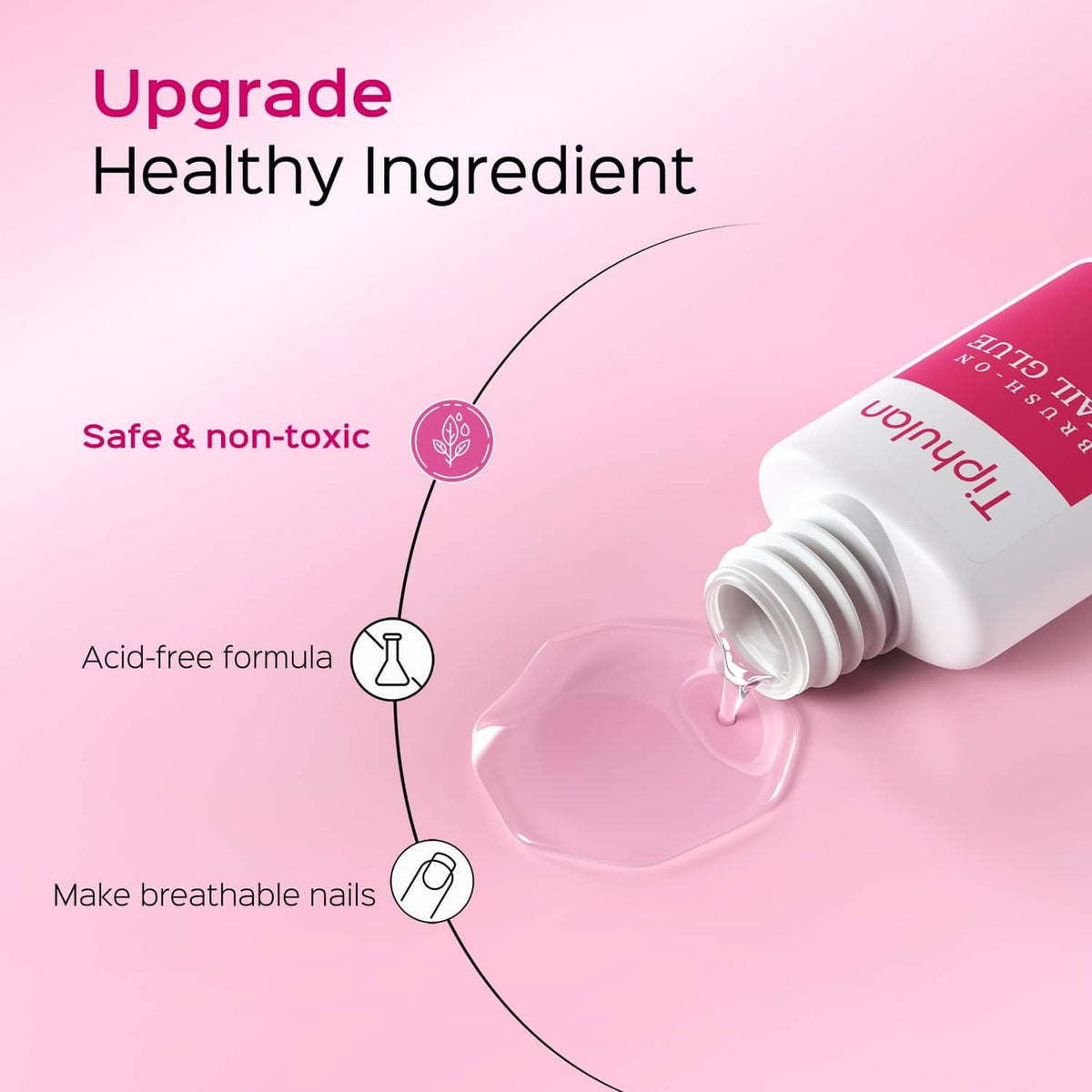 Tiphulan brush-on nail glue with clear glue line from angled nozzle