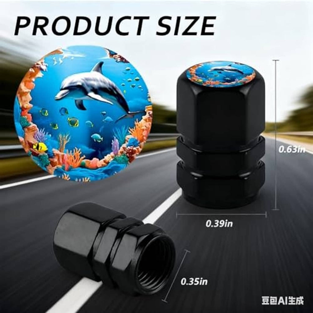 Black tire valve caps with dragonfly round top, size dimensions shown alongside