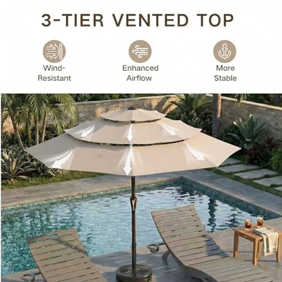 Beige 3-tier vented patio umbrella top with canopy panels for airflow