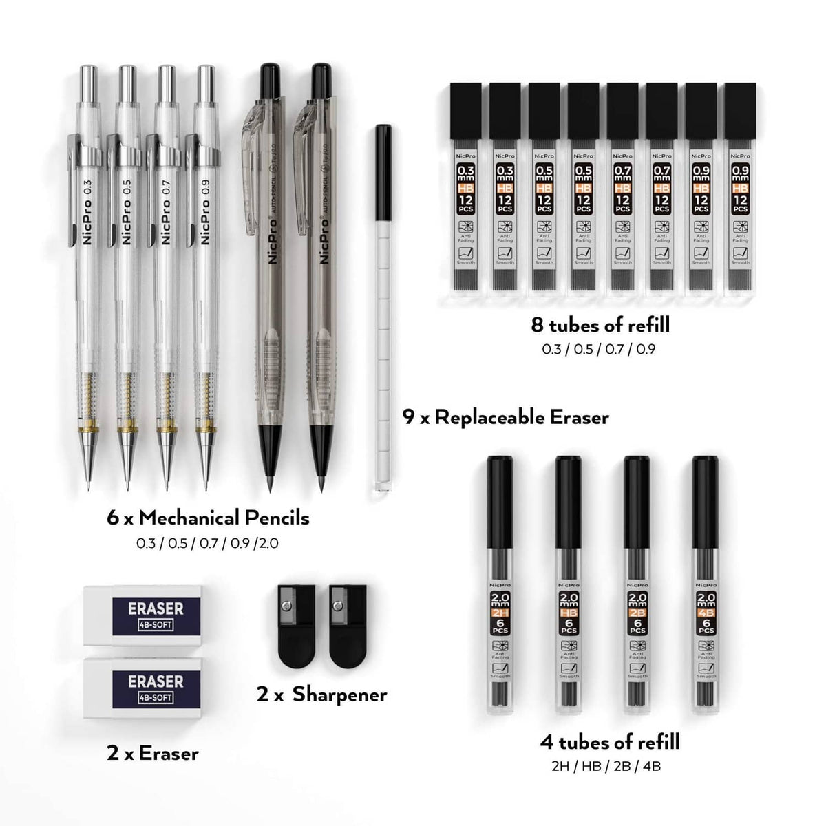 Mechanical pencil kit with six drafting pencils, refill tubes, eraser, and sharpeners
