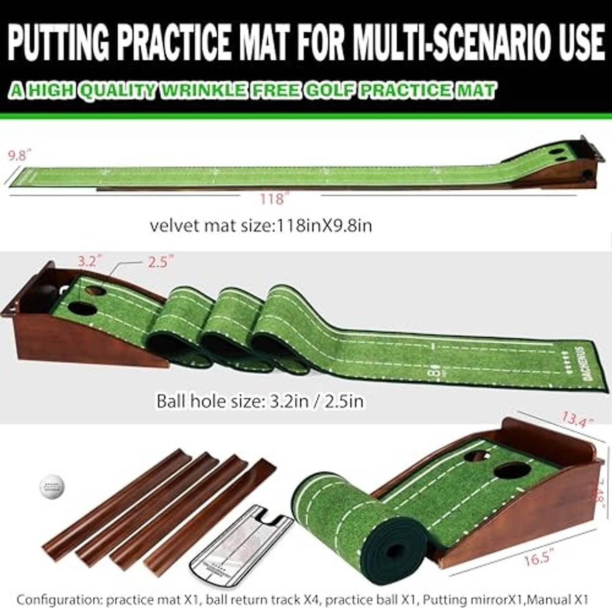 Olive-green multi-piece putting practice mat with ball holes and return track, laid out