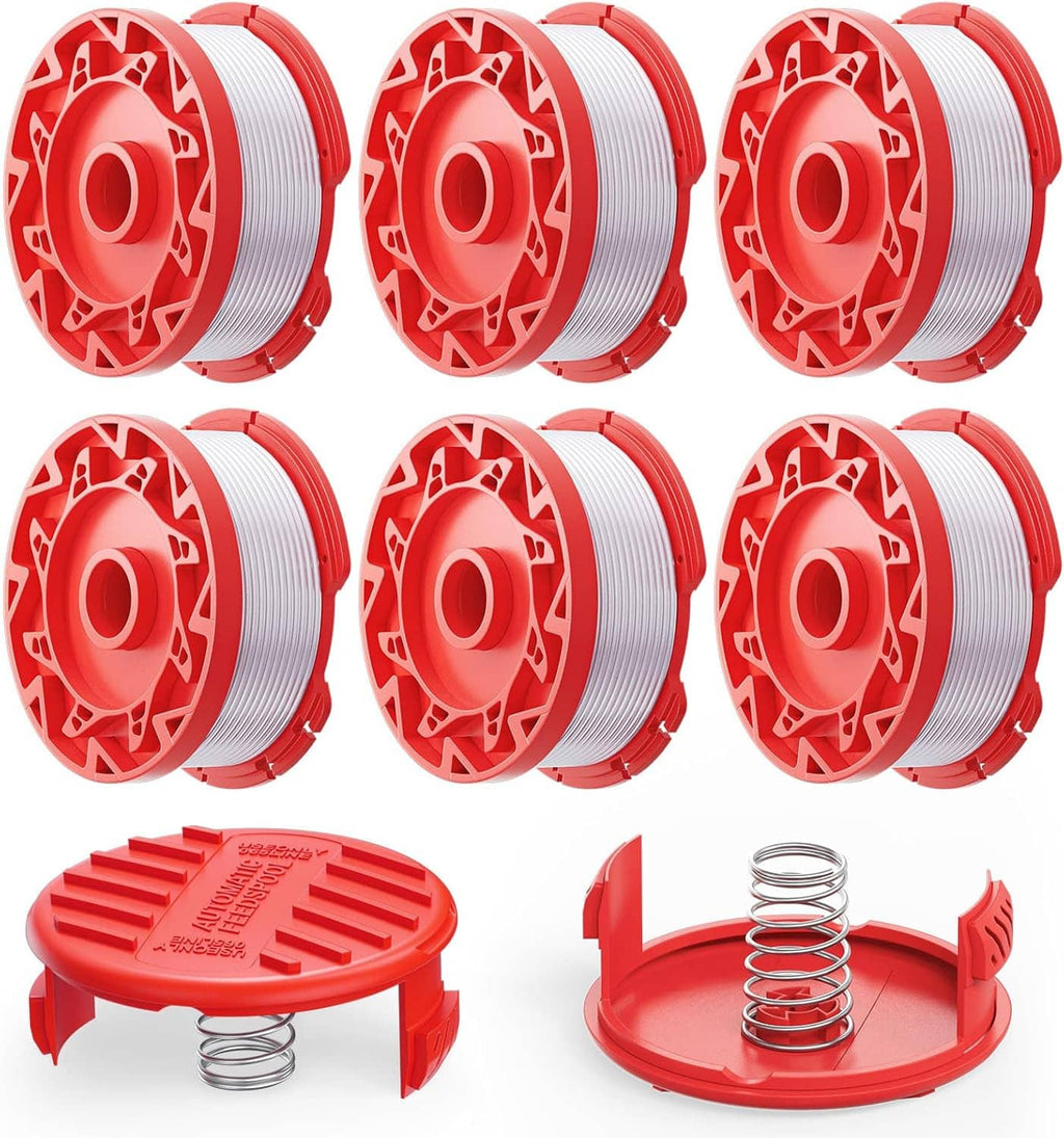 Weed wacker string spool pack with red hubs and white line coils