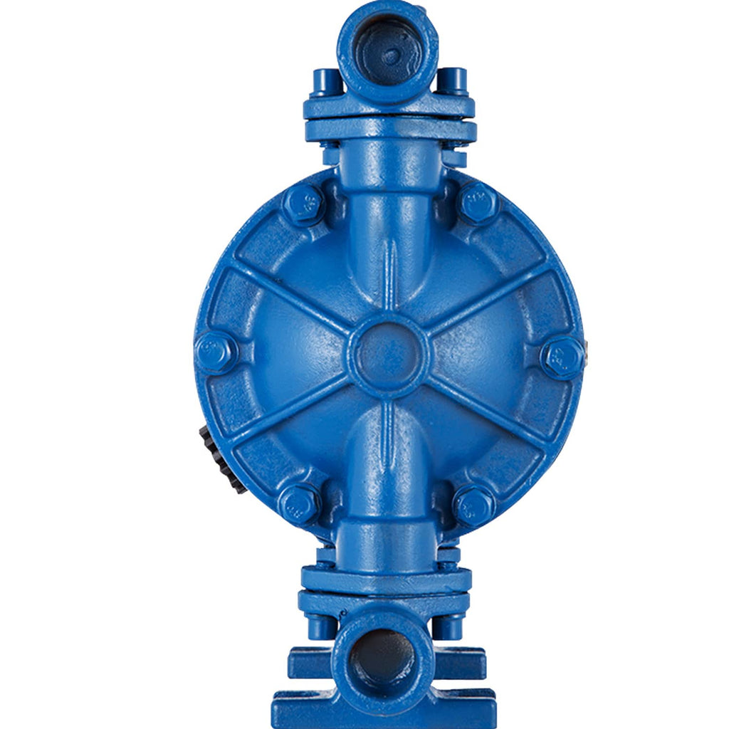 Blue air-operated double diaphragm pump, front view with diaphragm housing and ports