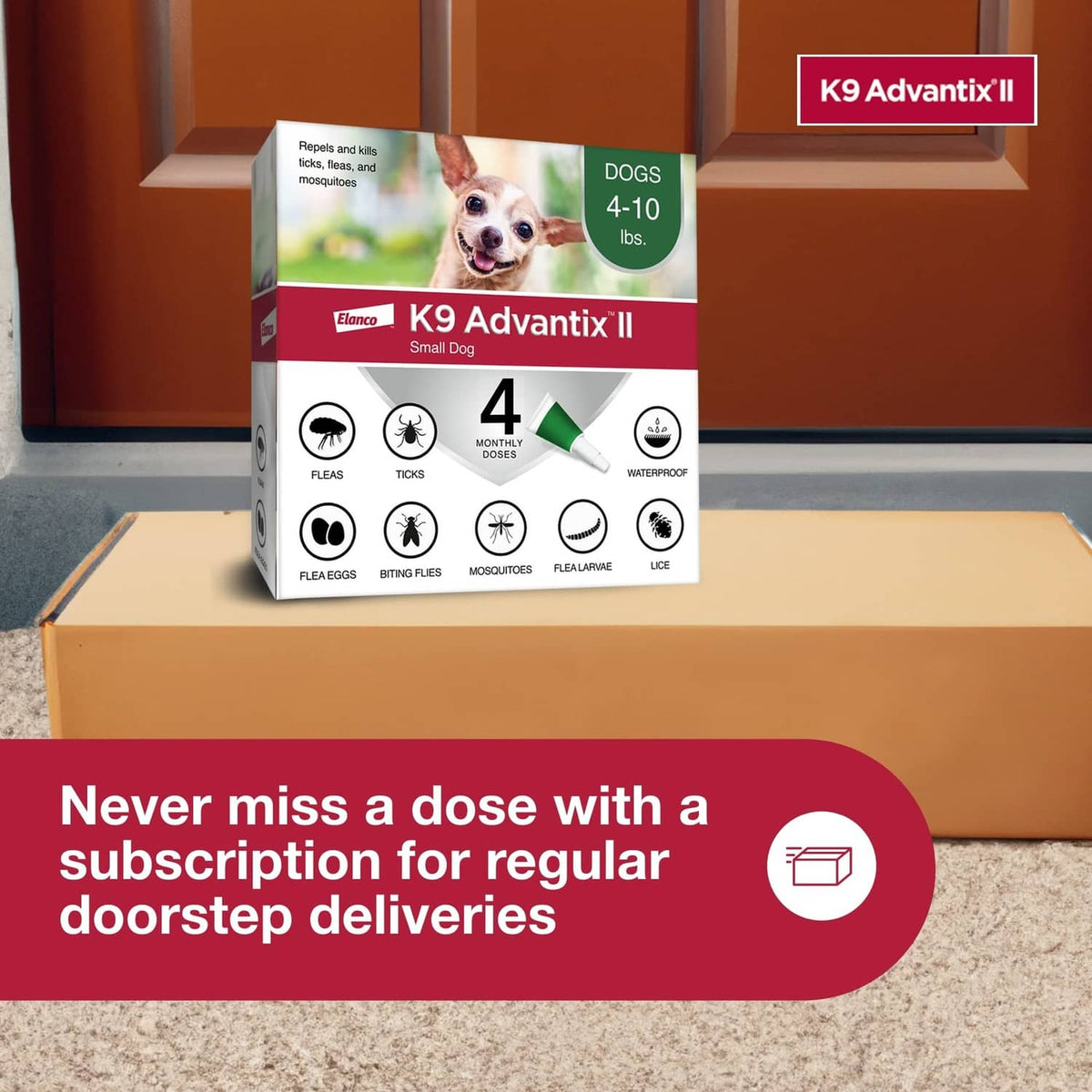 K9 Advantix II small dog topical flea and tick treatment box at doorstep