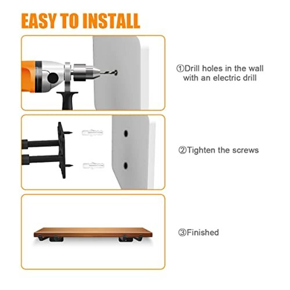 Wall-mounted tool hook rack installation steps with mounted panel and screws