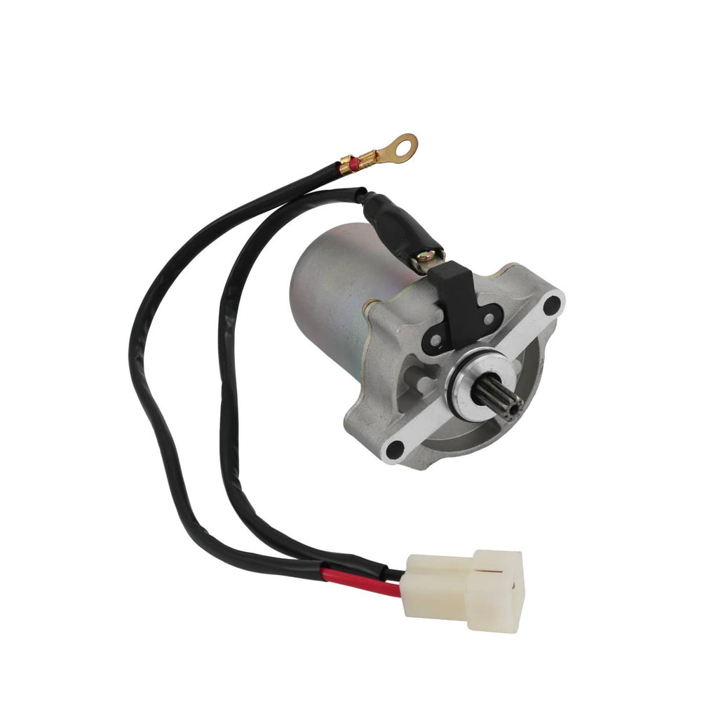Starter motor assembly with mounting plate, black harness, and white connector plug
