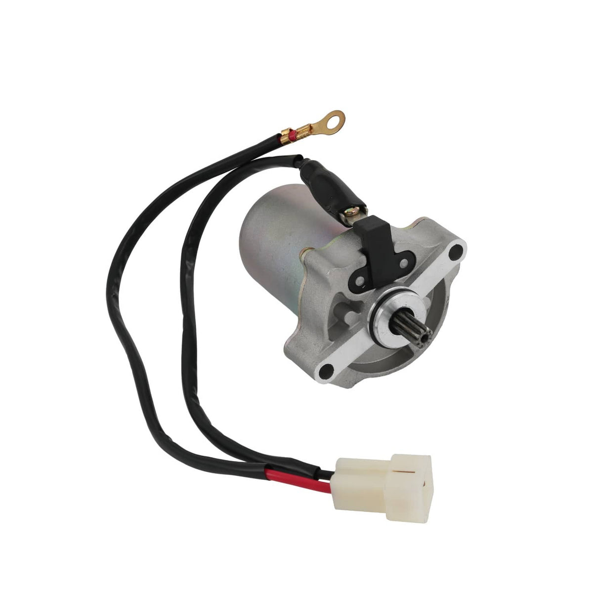 Starter motor assembly with mounting plate, black harness, and white connector plug