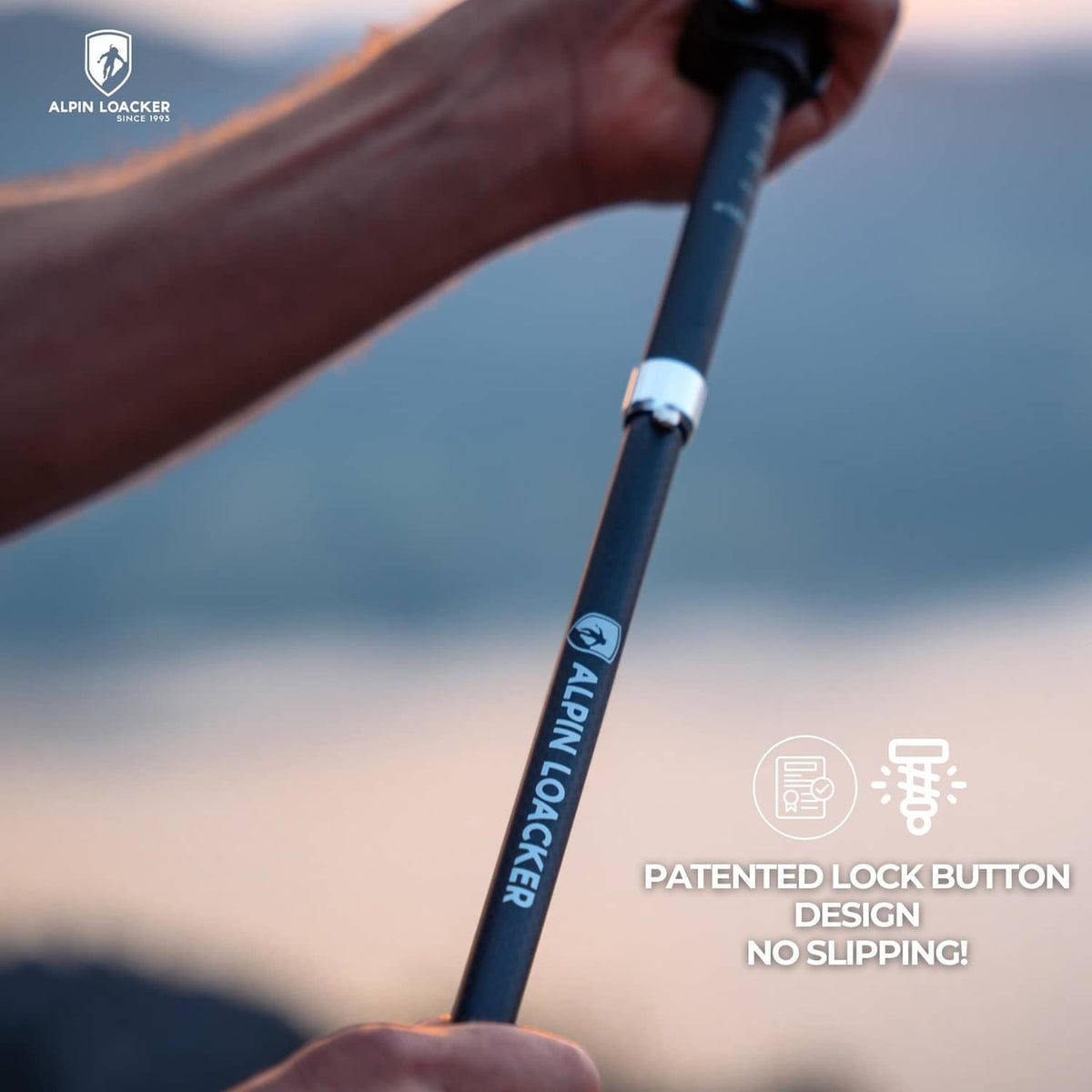 Black aluminum trekking pole shaft with locking ring and anti-slip strap detail, close-up