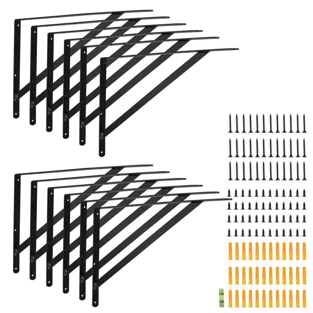 Triangular shelf bracket set with black steel frames and included screws in color packs