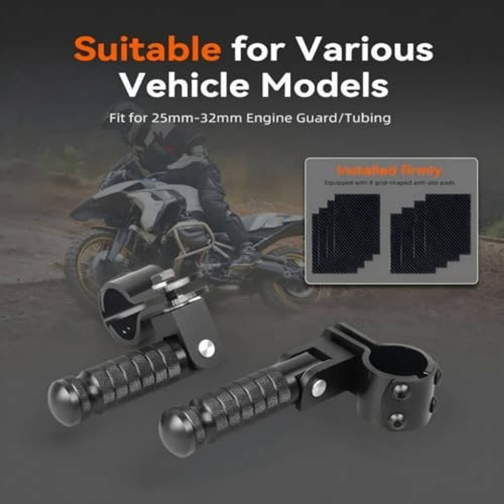 Black foldable motorcycle foot pegs with textured rubber pads and clamp-style mounting