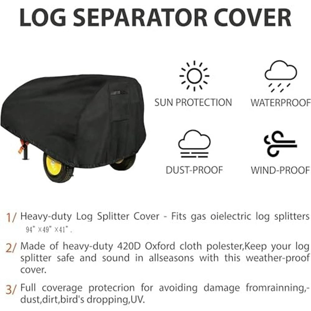 Black log splitter cover with side pocket and secure straps for waterproof protection.