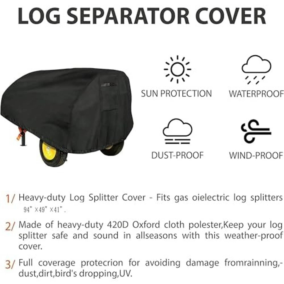 Black log splitter cover with side pocket and secure straps for waterproof protection.
