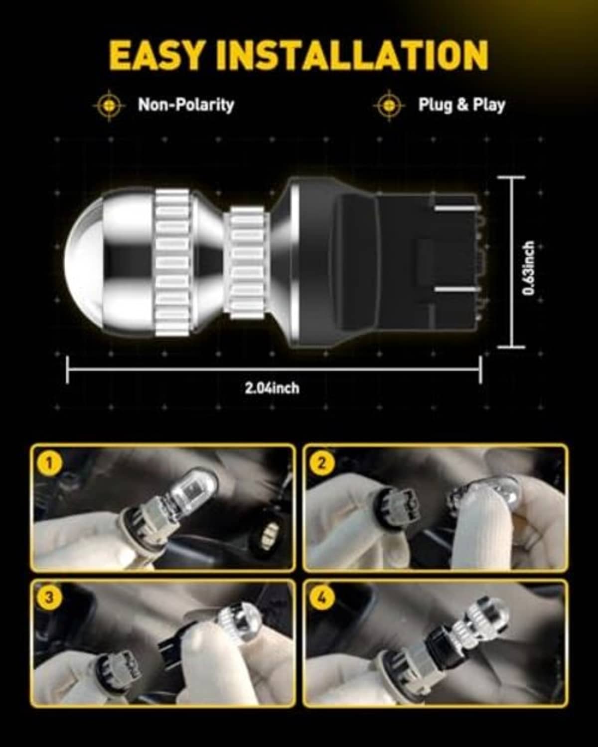 LED strobe brake light bulb with plug-and-play connector and metallic lens