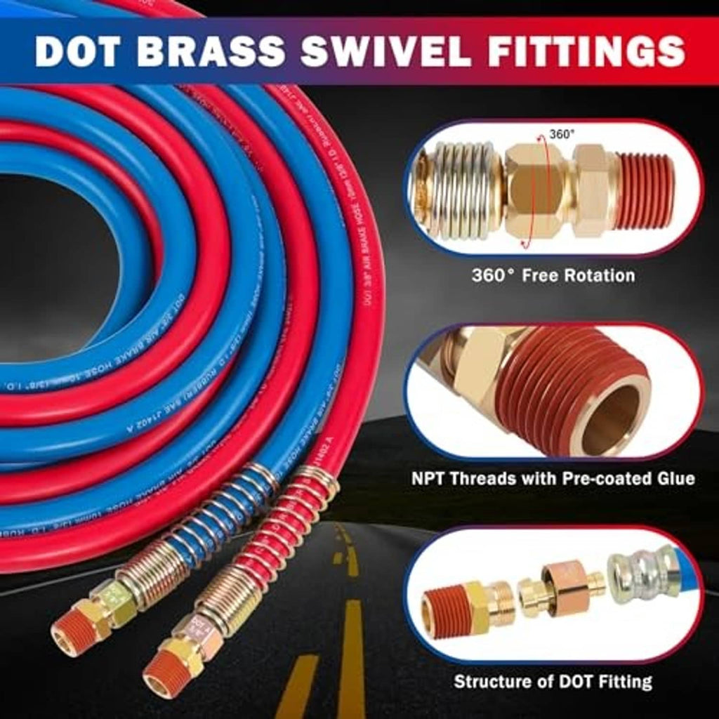 Blue and red air brake hose with dot brass swivel fittings, NPT threaded ends