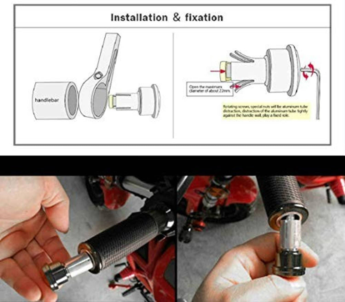Bar-end mirror installation diagram showing mounting hardware and handlebar tube fit.